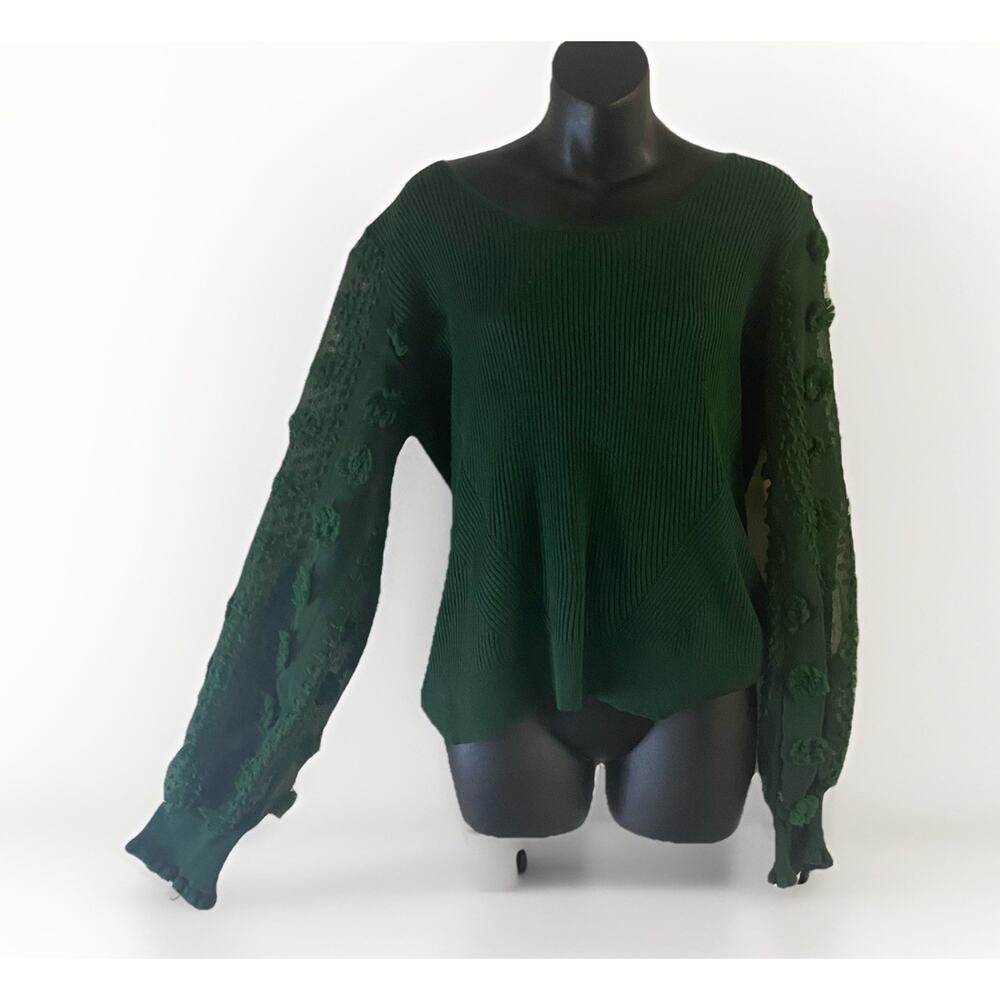 No Boundaries Women XL(15/17) Green Sweater Floral Embellished Sheer Sleeve Top